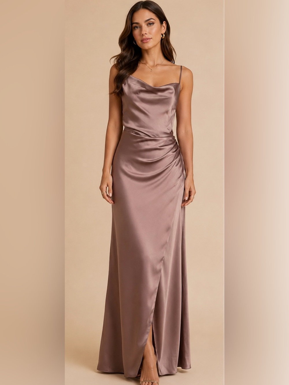 Birdy Grey Jennifer Dress Mocha Matte Satin Bridesmaid Gown Size Large NWT |